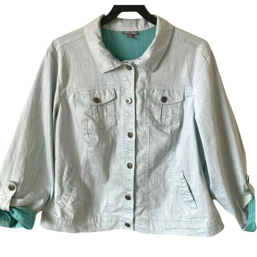 Roz & Ali Light Green Button Jacket Cuffed Sleeves 22/24 Women’s Cotton Blend
